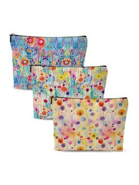 3Pcs Watercolor Flowers Cosmetic Bags for Women Makeup Bag Cute Travel